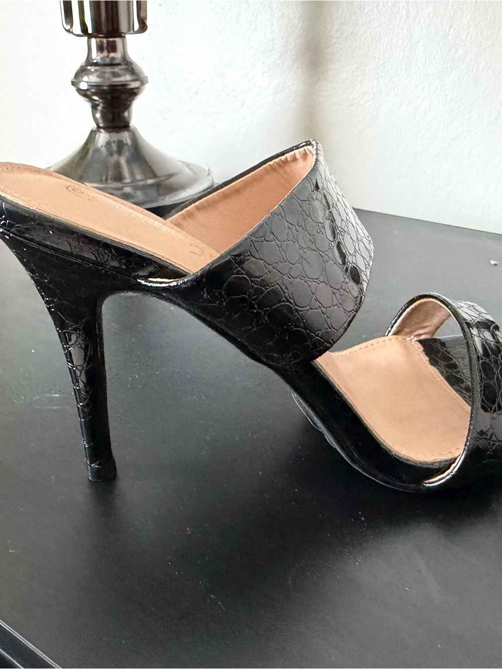 Black Croc-Embossed High Heel Slide Sandals